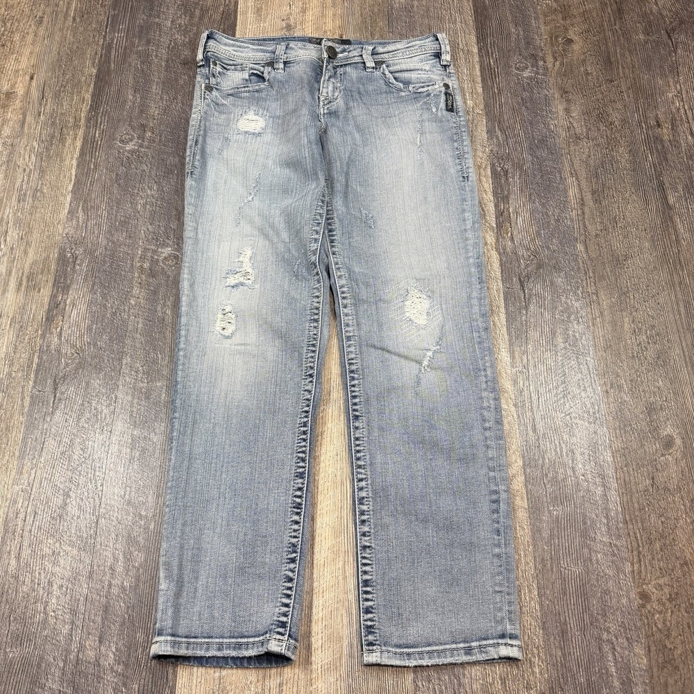 Silver Jeans Suki Sam Boyfriend Womens 26x28 (30x28) Light Wash Distressed Denim